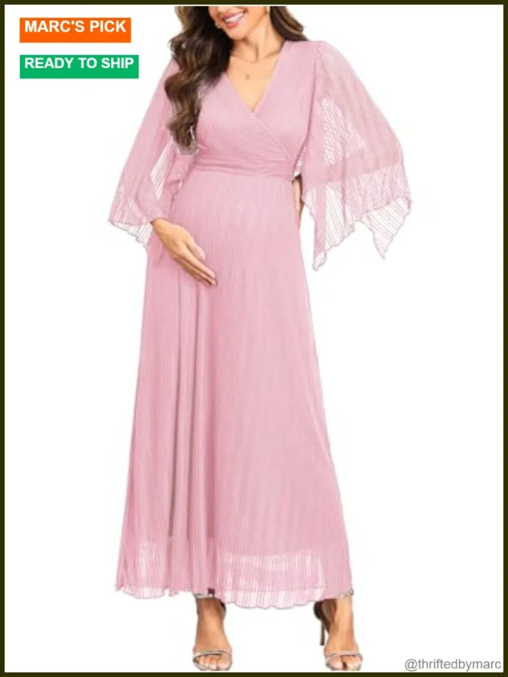 Maternity Sparkly Mesh Maxi Dress Handkerchief Sleeves Wrap V Neck Flowy Baby